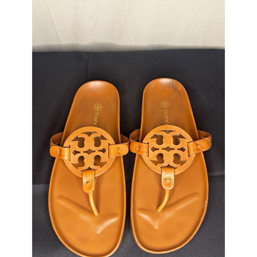 Tory Burch Women’s Brown Leather Logo Medallion Slip-On Thong Sandals Flat 8